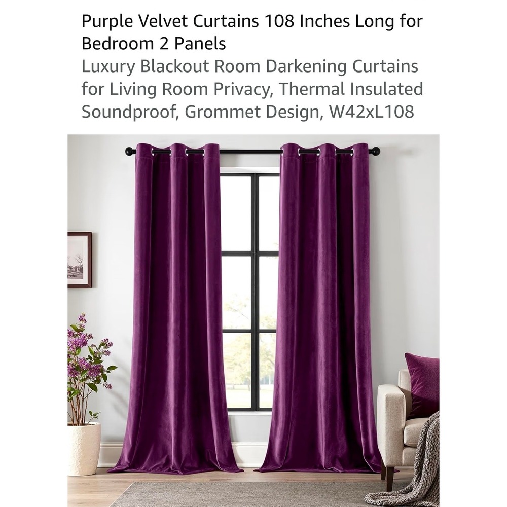 Purple Velvet Blackout Curtains 108 Inch Long 2 Panels Grommet Thermal Insulated